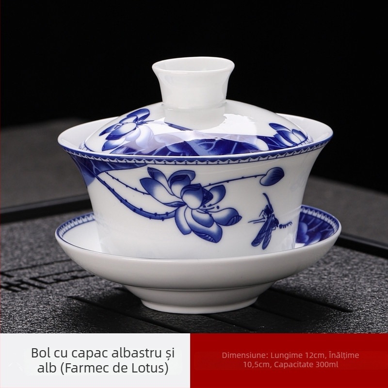 Set Gongfu de ceai din ceramică Dehua, 300 ml, albastru și alb, cu bol mare acoperit, bol de ceai cu opt comori și bol acoperit cu trei elemente