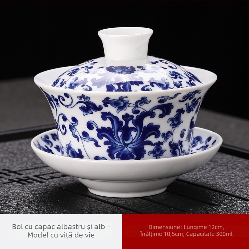 Set Gongfu de ceai din ceramică Dehua, 300 ml, albastru și alb, cu bol mare acoperit, bol de ceai cu opt comori și bol acoperit cu trei elemente