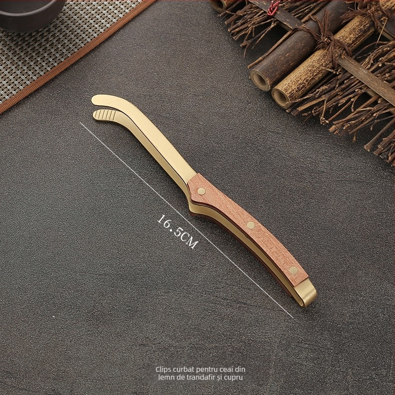 Clip de ceai din cupru și lemn, cu clip de alamă pentru Gongfu, Clește de ceai din cupru, accesorii pentru setul de ceai, clip anti-arsură, clip din lemn dur pentru spălarea ceaiului