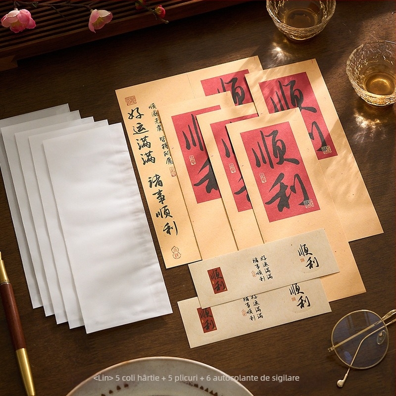 Set de plicuri și hârtie pentru scrisori în stil caligrafic chinezesc, cu urări scrise de mână
