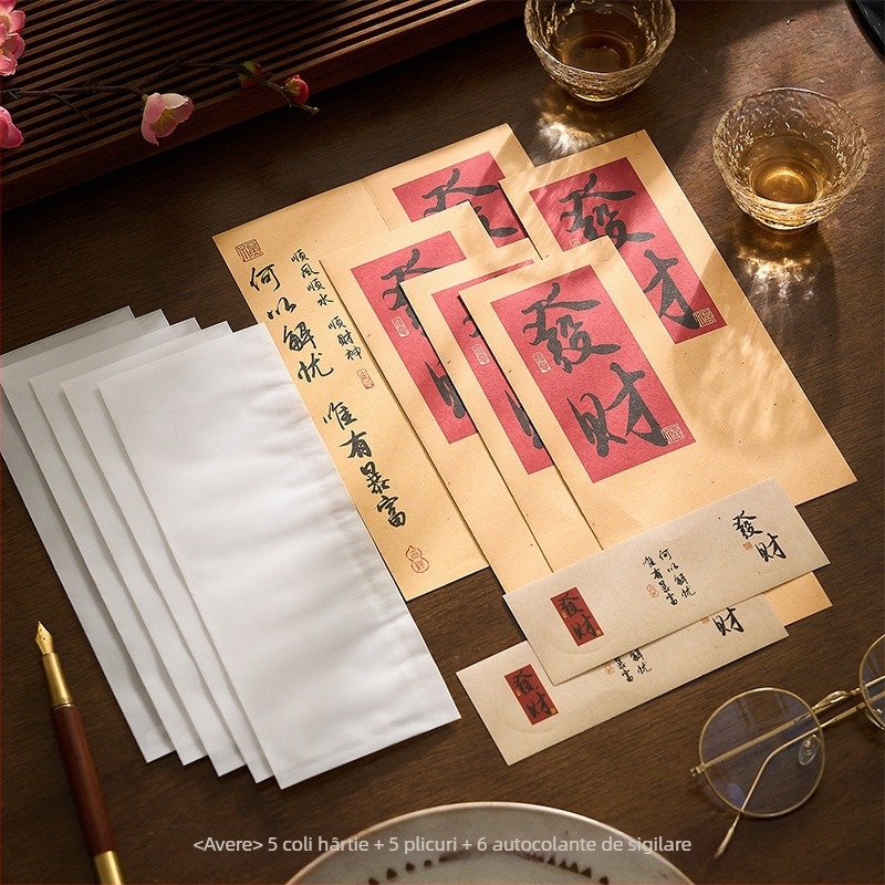 Set de plicuri și hârtie pentru scrisori în stil caligrafic chinezesc, cu urări scrise de mână