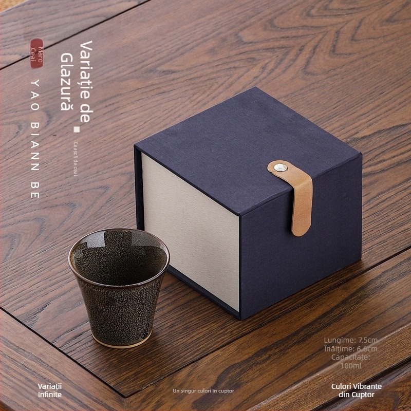 Ceașcă Jian Zhan de Jun Kiln — ceramică pentru ceai Kung Fu, ușor de ținut, într-o cutie cadou clasică, portabilă
