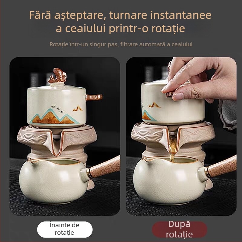 Ru Kiln automat pentru acasă, set de ceai cu preparare simplă, ceainic rotativ din ceramică și ceașcă, set de ceai premium în cutie cadou