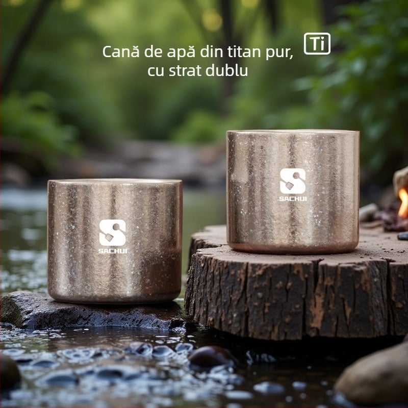 Ceașcă de ceai din titan pur, pereți dubli, stil Gongfu, pentru camping în aer liber