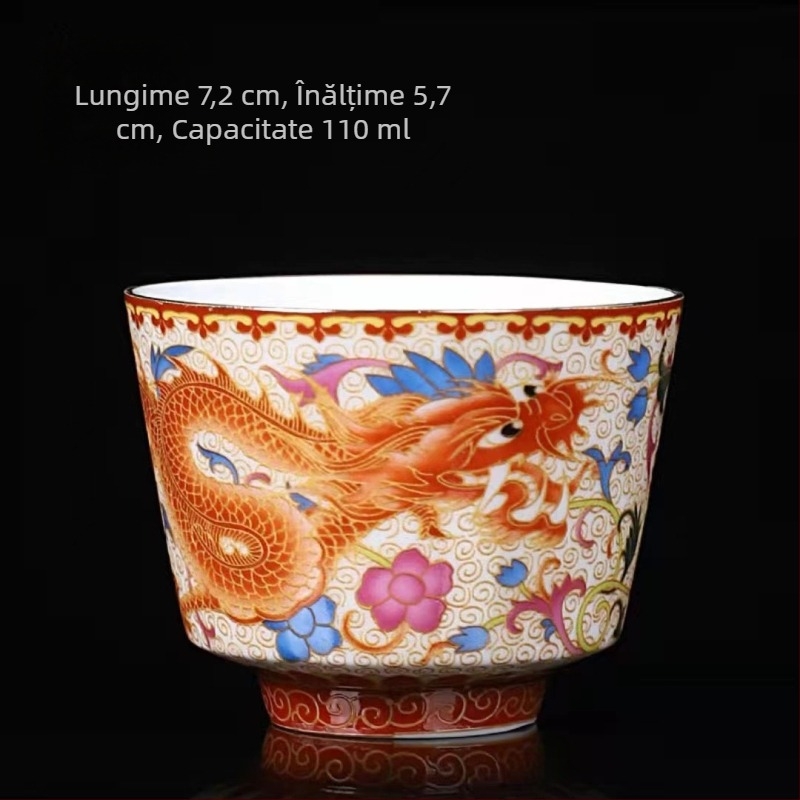 Cești de ceai emailate Gongfu, porțelan – Dragon și Phoenix, cuplu
