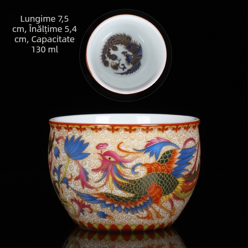 Cești de ceai emailate Gongfu, porțelan – Dragon și Phoenix, cuplu