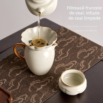 Set filtru ceai Ru Kiln Gongdao, ceramic, cu tavă de ceai integrată și ceașcă de nivelare