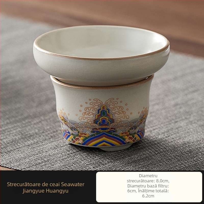 Set filtru ceai Ru Kiln Gongdao, ceramic, cu tavă de ceai integrată și ceașcă de nivelare
