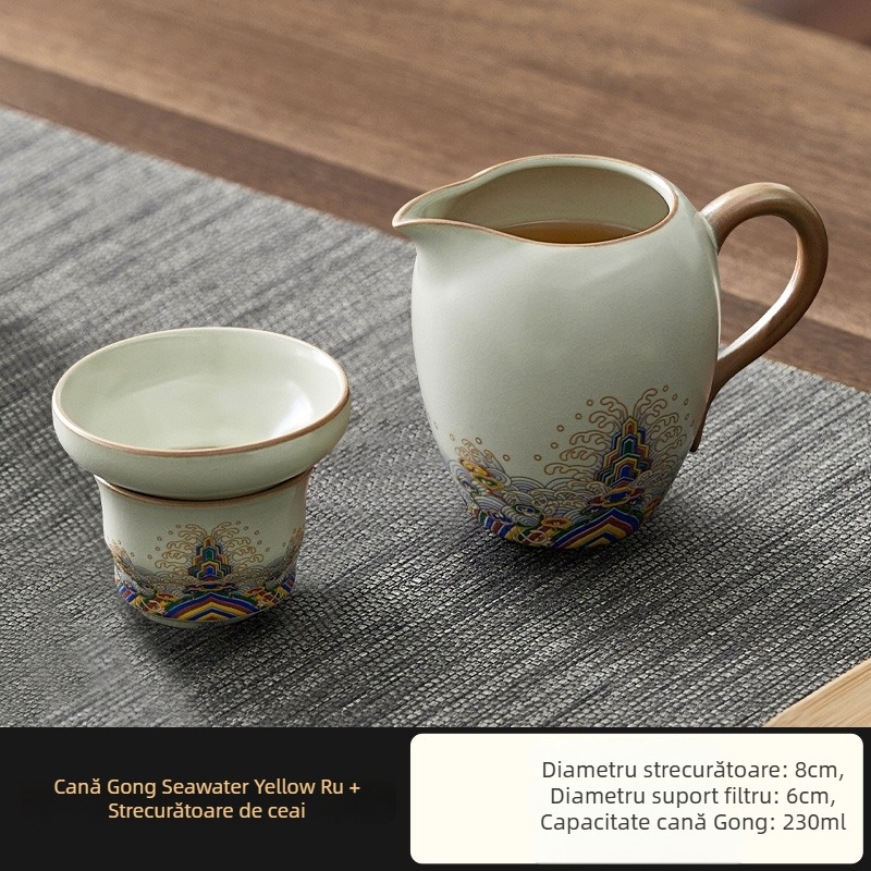 Set filtru ceai Ru Kiln Gongdao, ceramic, cu tavă de ceai integrată și ceașcă de nivelare