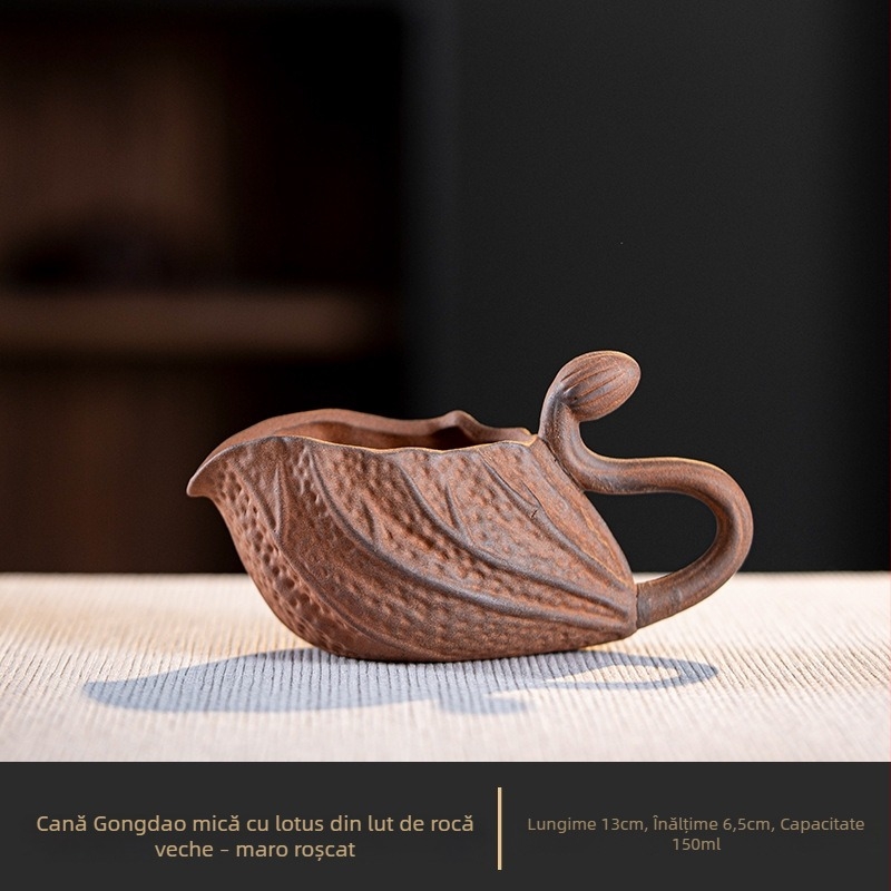 Vas mic de ceai din ceramică crudă cu model lotus, stil chinezesc, vas manual pentru servire și distribuție uniformă a ceaiului