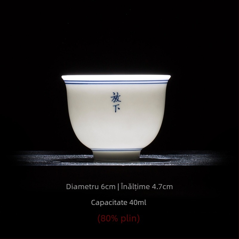 Ceșcuță de ceai din porțelan albastru‑alb, pictură manuală, stil minimalist — ceașcă unică, ceșcuță ceramică Kung Fu pentru degustare