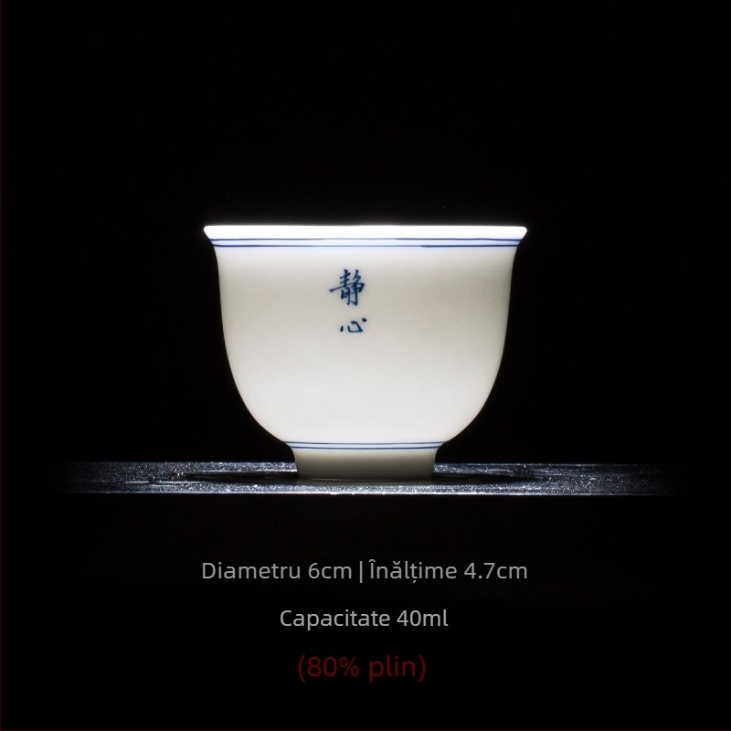 Ceșcuță de ceai din porțelan albastru‑alb, pictură manuală, stil minimalist — ceașcă unică, ceșcuță ceramică Kung Fu pentru degustare