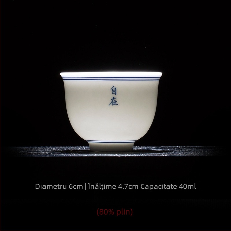 Ceșcuță de ceai din porțelan albastru‑alb, pictură manuală, stil minimalist — ceașcă unică, ceșcuță ceramică Kung Fu pentru degustare