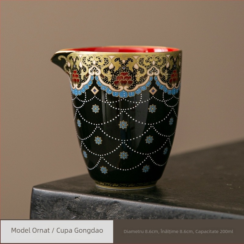 Set Kung Fu de ceai cu incrustații aurii și argintii, ceșcuță pentru distribuție uniformă, tavă ceramică chineză în stil retro și filtru de ceai