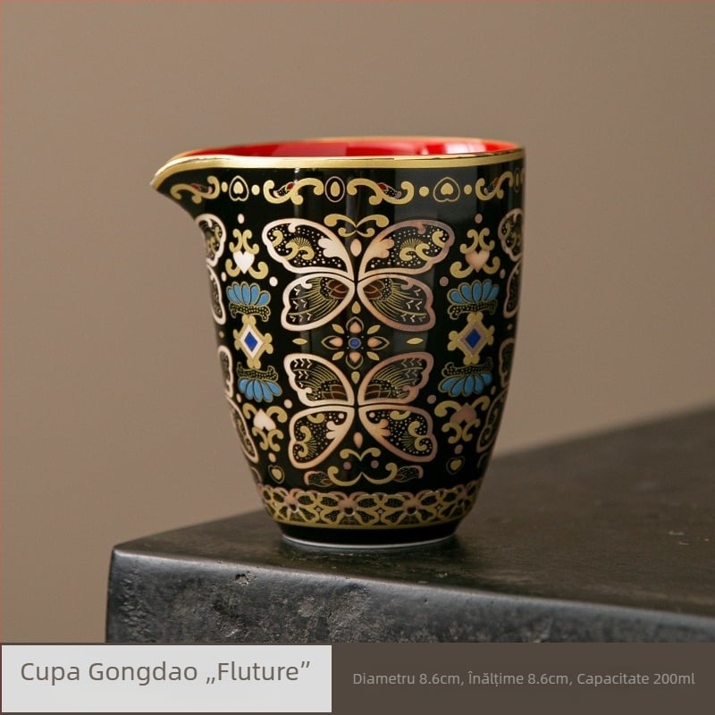 Set Kung Fu de ceai cu incrustații aurii și argintii, ceșcuță pentru distribuție uniformă, tavă ceramică chineză în stil retro și filtru de ceai