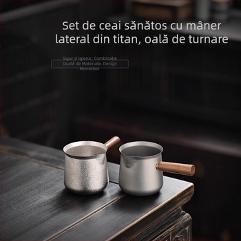 Cană de ceai din titan cu filtru, mâner lateral din lemn masiv, set de ceai pentru drumeții în aer liber, stil Kung Fu