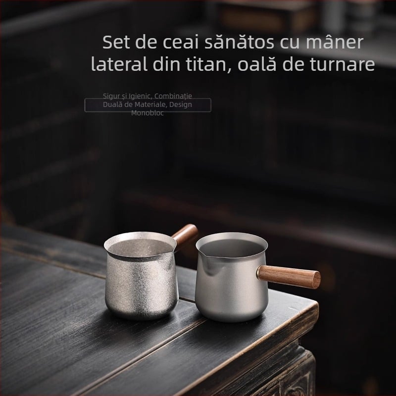Cană de ceai din titan cu filtru, mâner lateral din lemn masiv, set de ceai pentru drumeții în aer liber, stil Kung Fu
