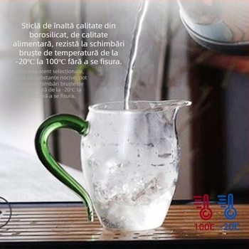Set Gongfu din sticlă borosilicat transparentă, rezistentă la căldură, cu mâner colorat; include ceainic și ceșți de ceai