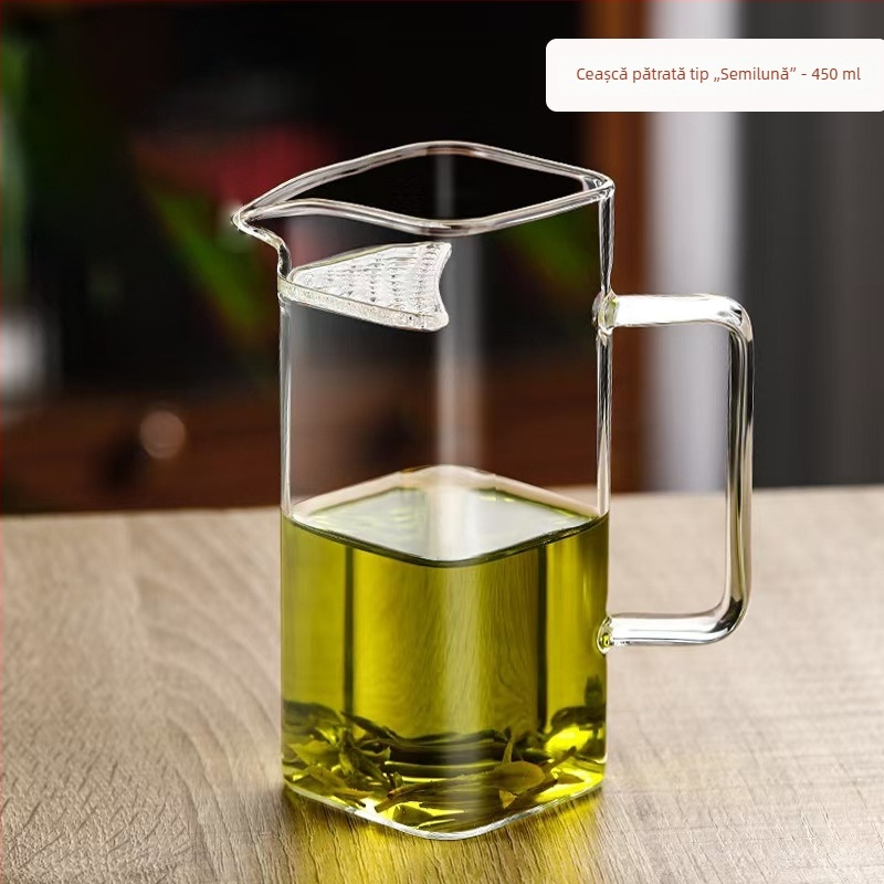Pahar din sticlă borosilicat înaltă, formă pătrată cu semilună, gros, pentru ceai verde, separator de ceai, pentru uz casnic