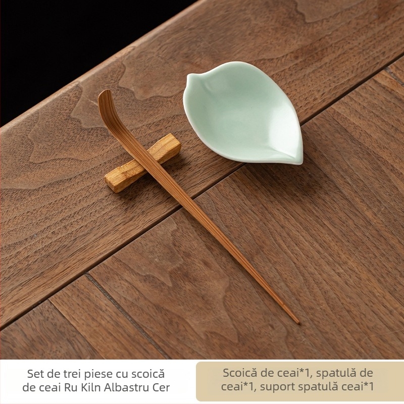 Lingură de ceai ceramică, lucrată manual, în nuanțe de albastru cerului și galben, design proaspăt și minimalist, lingură de ceai monocromă, instrument unic pentru ceremonia ceaiului