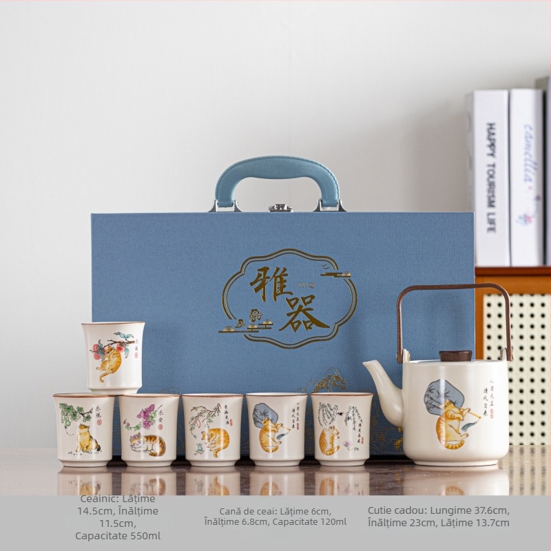 Sakura Ru Kiln set de ceai ceramic cu ceainic cu mâner mare, glazură mată, farfurie de bambus, cutie cadou
