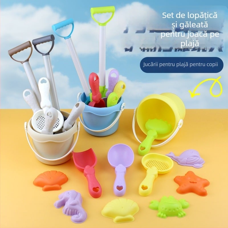 Set de jucării de plajă pentru copii — unelte pentru săpat în nisip cu găletuță și lopățică, clepsidră, jocuri de apă, set portabil
