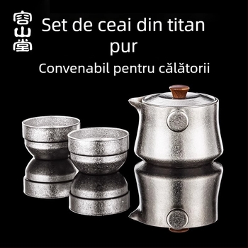 Rongshantang Set de ceai din titan pur pentru călătorii, ceainic și ceașcă portabile pentru o singură persoană
