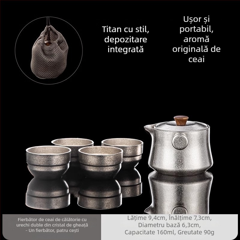 Rongshantang Set de ceai din titan pur pentru călătorii, ceainic și ceașcă portabile pentru o singură persoană