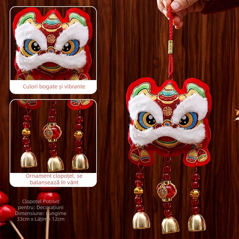 Pandantiv clopoțel de vânt pentru decorul casei, Anul Calului, decor festiv pentru Anul Nou Chinezesc, cu motivul dansului leilor și talisman norocos