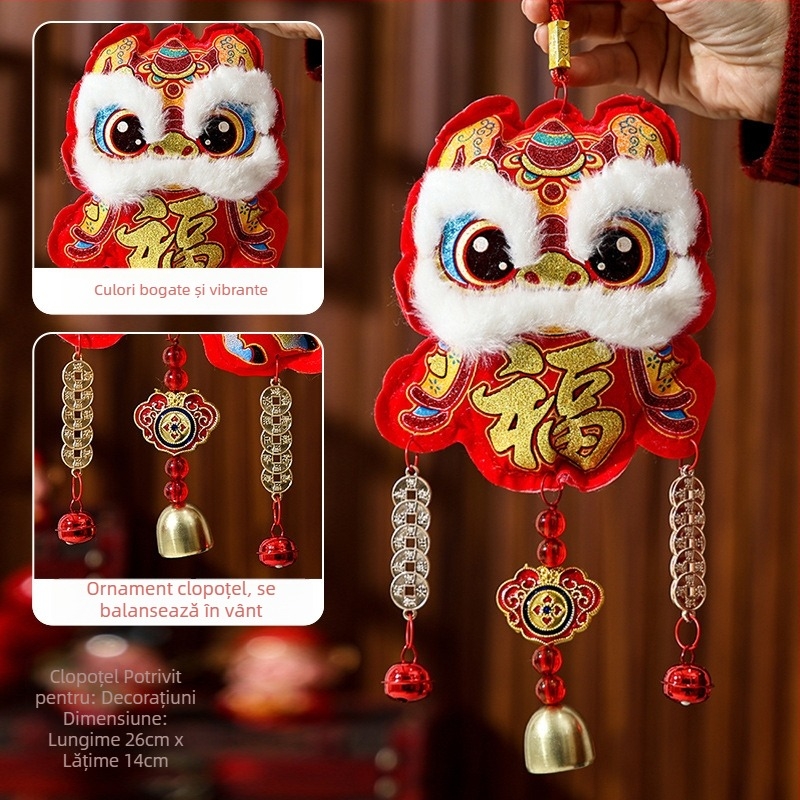 Pandantiv clopoțel de vânt pentru decorul casei, Anul Calului, decor festiv pentru Anul Nou Chinezesc, cu motivul dansului leilor și talisman norocos