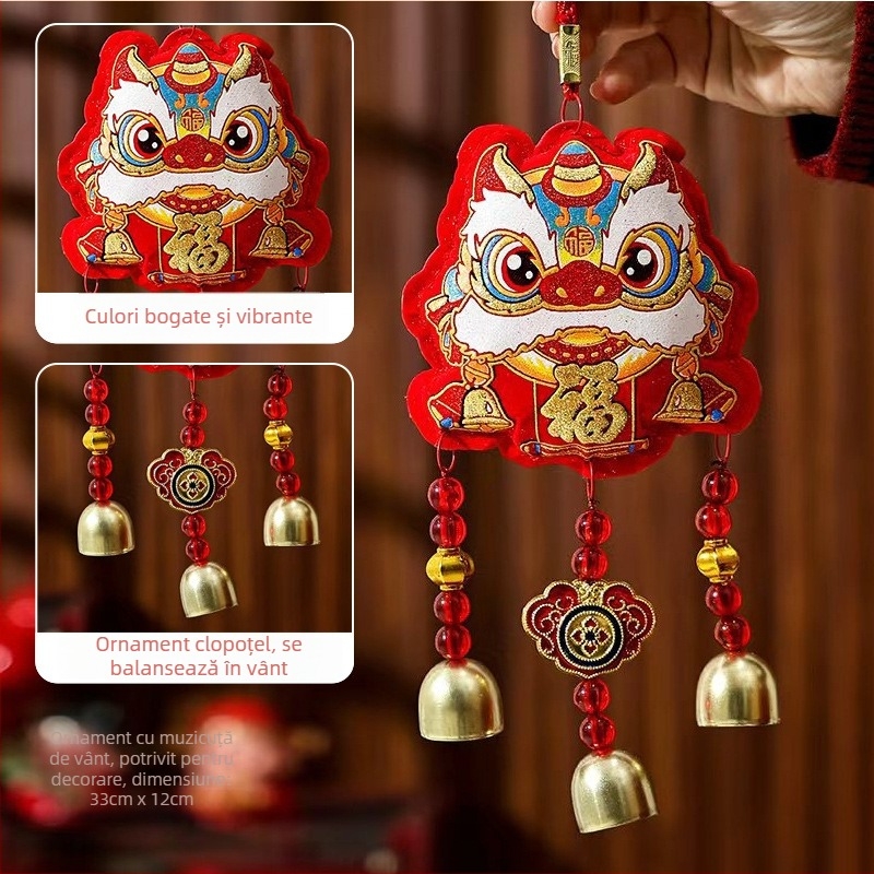 Pandantiv clopoțel de vânt pentru decorul casei, Anul Calului, decor festiv pentru Anul Nou Chinezesc, cu motivul dansului leilor și talisman norocos