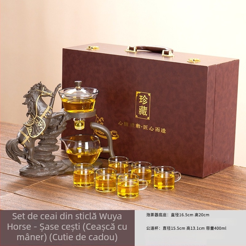 Set de ceai Kung Fu din sticlă cu ceainic, accesorii pentru ceremonia ceaiului, tavă pentru separarea apei de ceai, suport din bambus, pentru 6 persoane, stil nou chinezesc