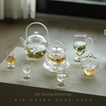 Ceainic din sticlă borosilicat de înaltă rezistență, cu mâner de ridicare – set Gongfu de ceai verde, cu ceainic de servire, cană de distribuție și cești de degustare