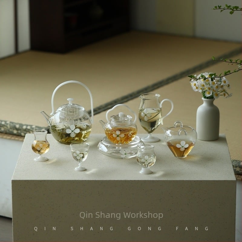Ceainic din sticlă borosilicat de înaltă rezistență, cu mâner de ridicare – set Gongfu de ceai verde, cu ceainic de servire, cană de distribuție și cești de degustare