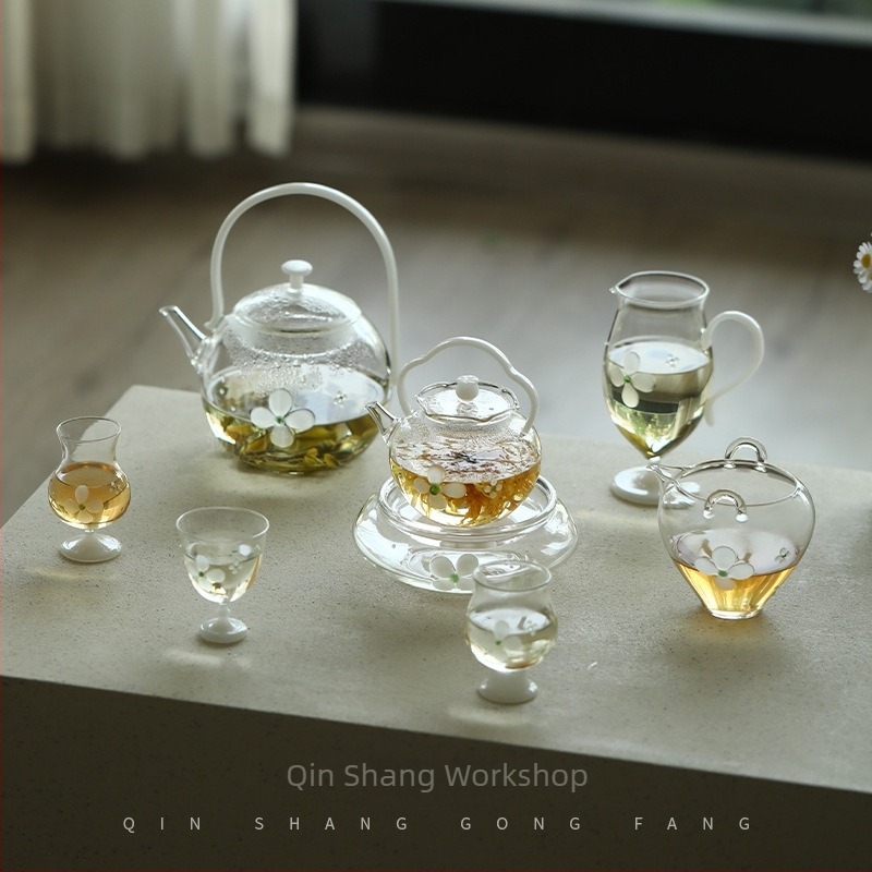 Ceainic din sticlă borosilicat de înaltă rezistență, cu mâner de ridicare – set Gongfu de ceai verde, cu ceainic de servire, cană de distribuție și cești de degustare