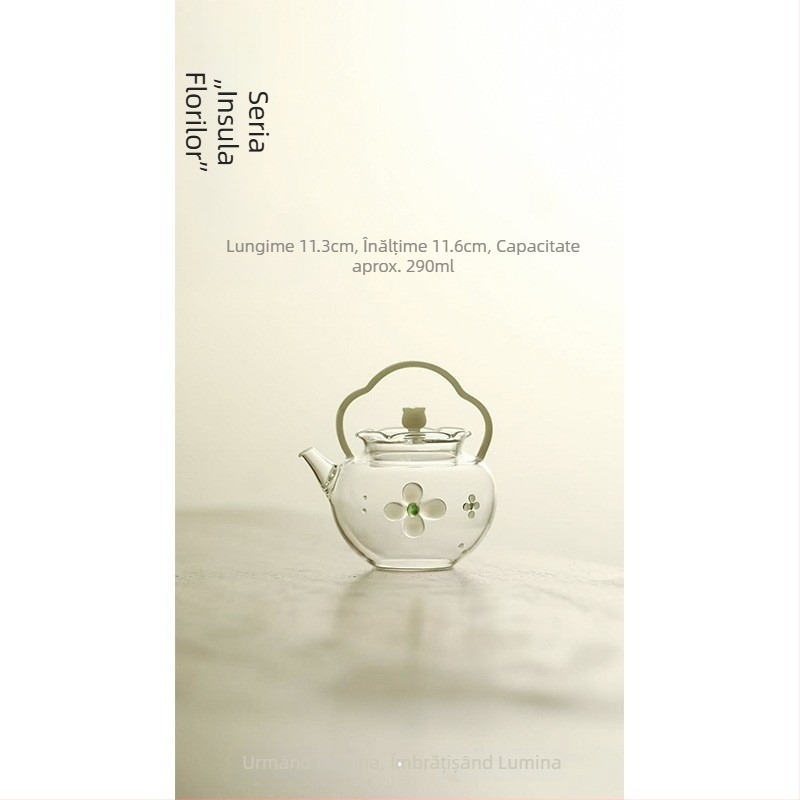 Ceainic din sticlă borosilicat de înaltă rezistență, cu mâner de ridicare – set Gongfu de ceai verde, cu ceainic de servire, cană de distribuție și cești de degustare