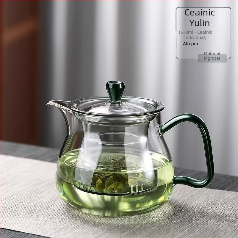 Ceainic din sticlă borosilicată pentru ceai verde, uz casnic, stil japonez cu ceai cu flori, rezistent la temperaturi înalte, pereți groși