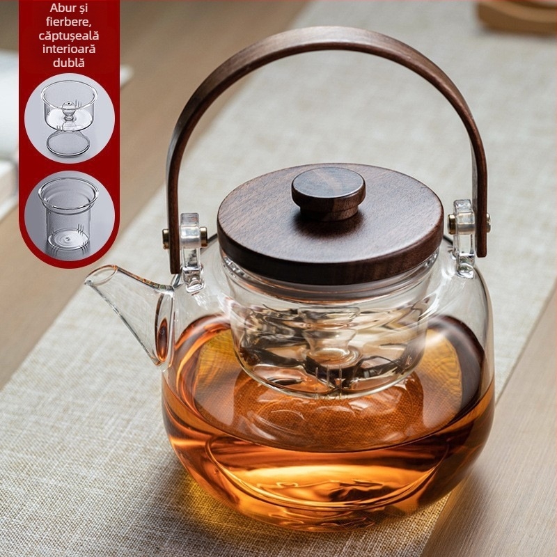 Ceainic din sticlă borosilicată înaltă, cu dungi verticale, capac din lemn de nuc, culoare cenușiu fumuriu, rezistent la temperaturi înalte