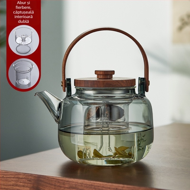 Ceainic din sticlă borosilicată înaltă, cu dungi verticale, capac din lemn de nuc, culoare cenușiu fumuriu, rezistent la temperaturi înalte