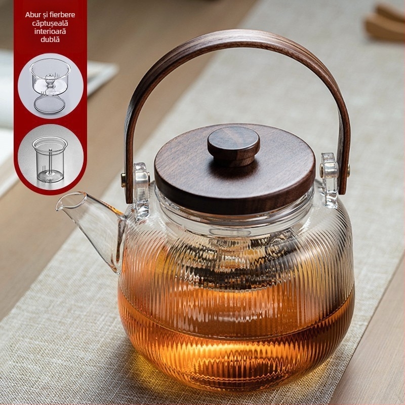 Ceainic din sticlă borosilicată înaltă, cu dungi verticale, capac din lemn de nuc, culoare cenușiu fumuriu, rezistent la temperaturi înalte