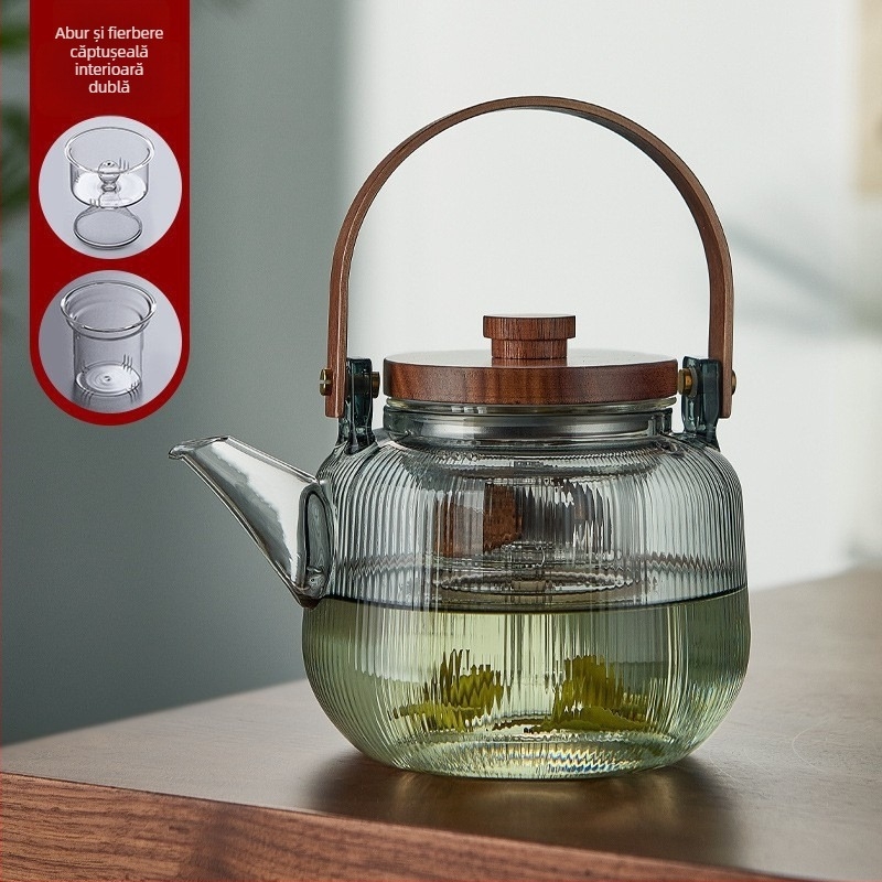 Ceainic din sticlă borosilicată înaltă, cu dungi verticale, capac din lemn de nuc, culoare cenușiu fumuriu, rezistent la temperaturi înalte