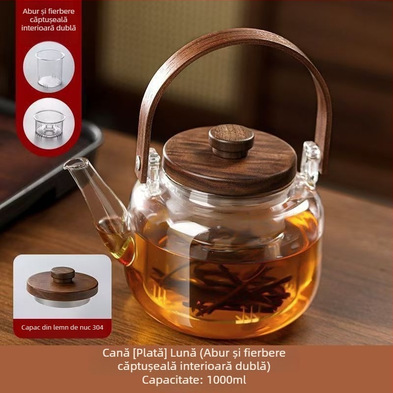 Ceainic din sticlă borosilicată înaltă, cu dungi verticale, capac din lemn de nuc, culoare cenușiu fumuriu, rezistent la temperaturi înalte