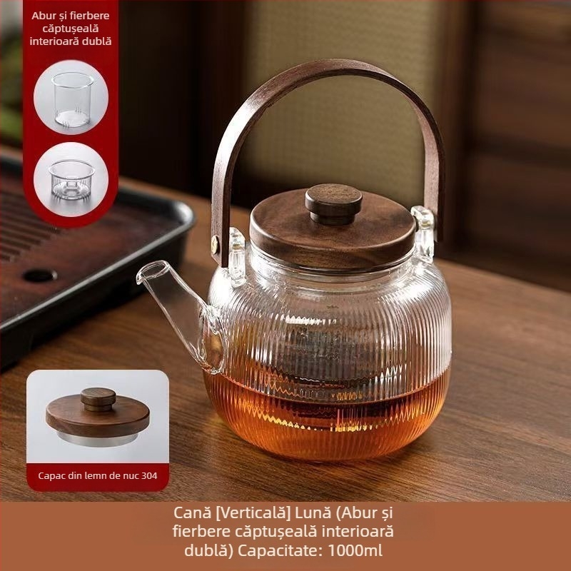 Ceainic din sticlă borosilicată înaltă, cu dungi verticale, capac din lemn de nuc, culoare cenușiu fumuriu, rezistent la temperaturi înalte