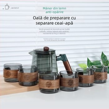 Ceainic cu separare apă-ceai, 600 ml, rezistent la temperaturi înalte, mâner din lemn, capacitate mare, ceai de flori