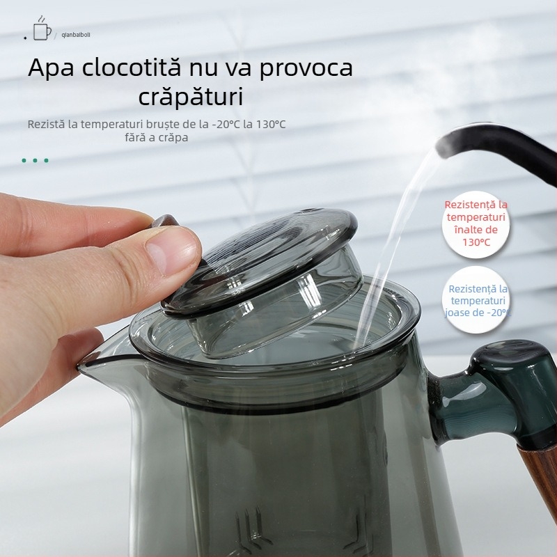 Ceainic cu separare apă-ceai, 600 ml, rezistent la temperaturi înalte, mâner din lemn, capacitate mare, ceai de flori