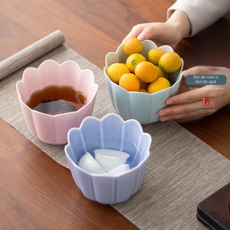 Set ceramic pentru ceremonia ceaiului Jianshui: recipient pentru zațuri de ceai, rinser pentru ceai în cești, bazin de apă, găleată pentru zațuri și farfurie ceramică japoneză pentru fructe
