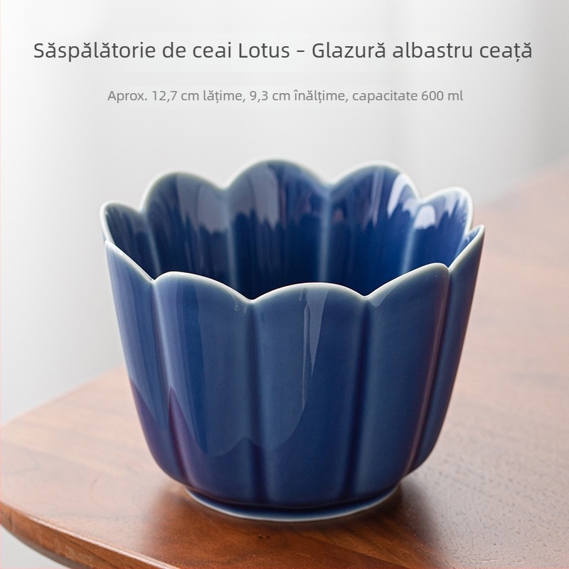 Set ceramic pentru ceremonia ceaiului Jianshui: recipient pentru zațuri de ceai, rinser pentru ceai în cești, bazin de apă, găleată pentru zațuri și farfurie ceramică japoneză pentru fructe