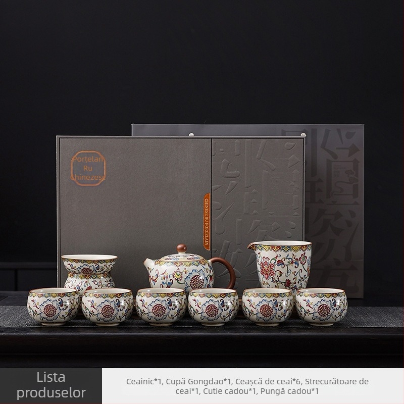 2025 Set ceai ceramic în cutie cadou, model lotus, ceainic unic, finisaj glazură peste glazură, stil retro luxos