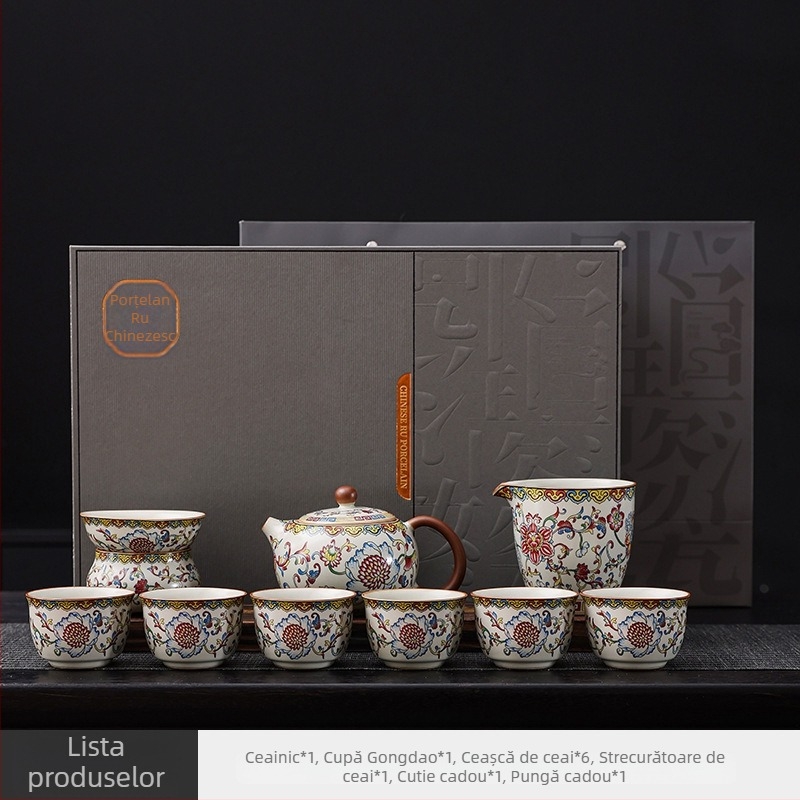 2025 Set ceai ceramic în cutie cadou, model lotus, ceainic unic, finisaj glazură peste glazură, stil retro luxos