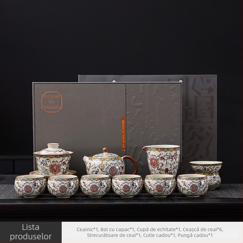 2025 Set ceai ceramic în cutie cadou, model lotus, ceainic unic, finisaj glazură peste glazură, stil retro luxos